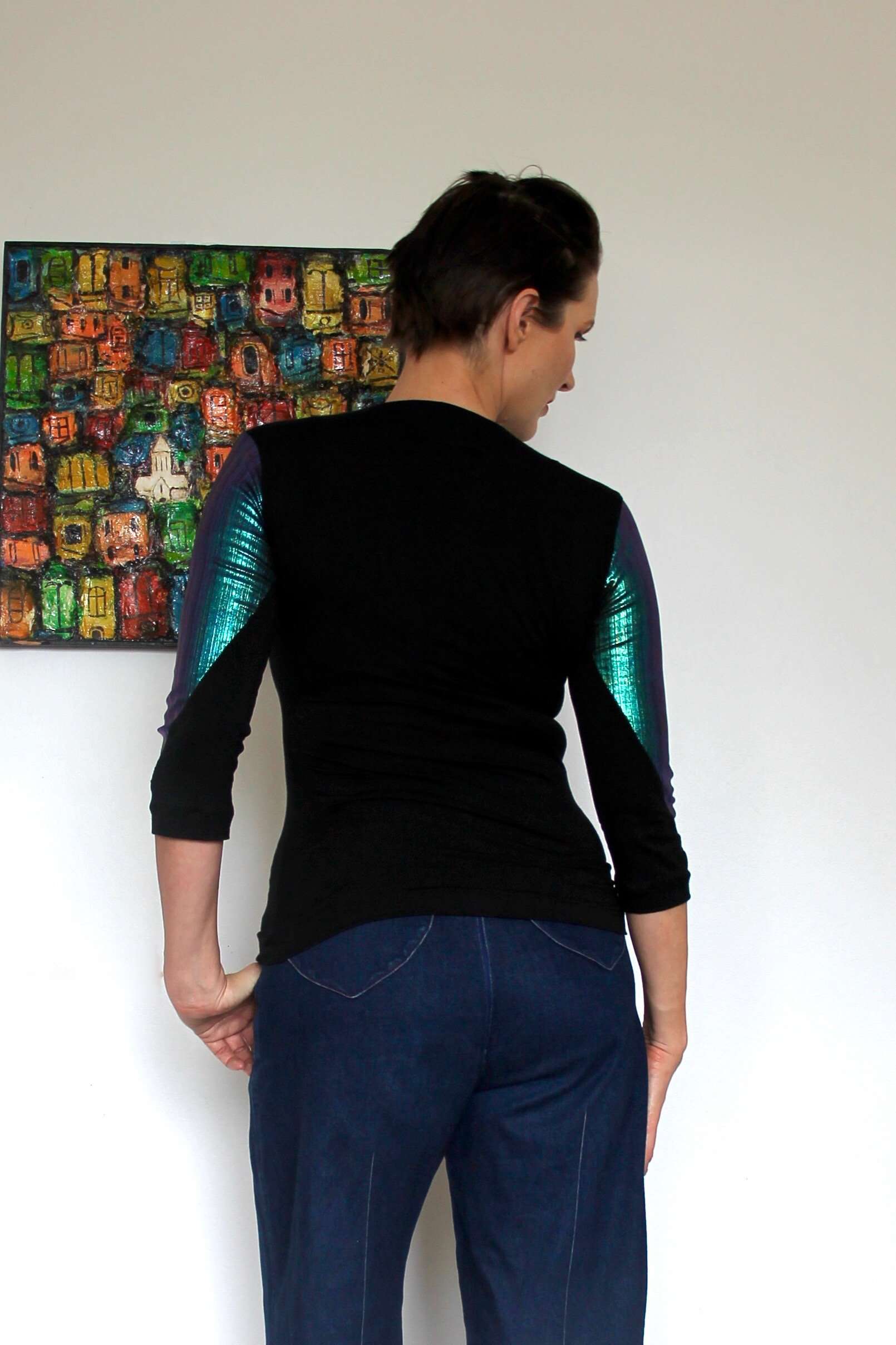 Cowl Neck Knit Top with Iridescent Blue Metallic - Image 8