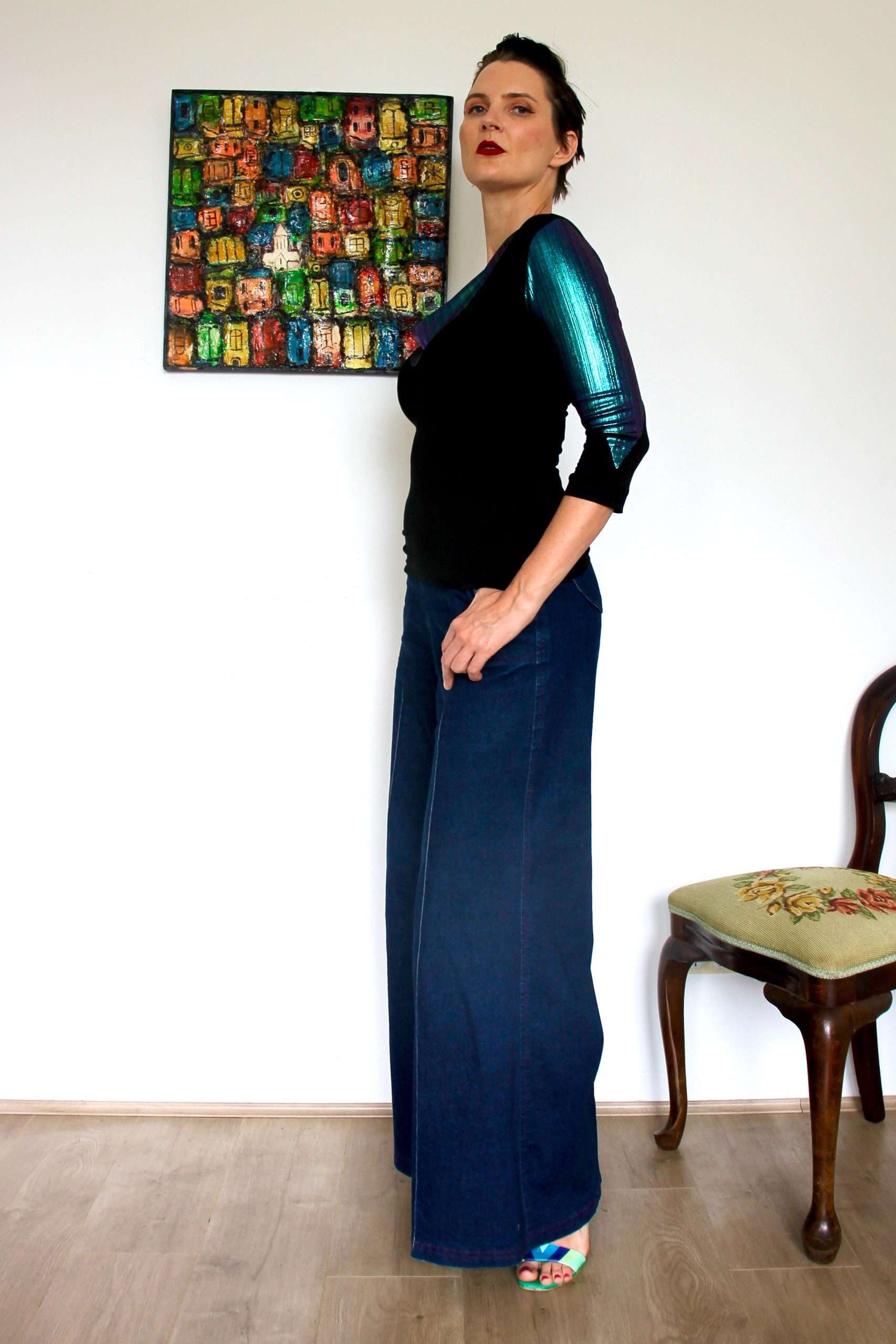 Cowl Neck Knit Top with Iridescent Blue Metallic - Image 3