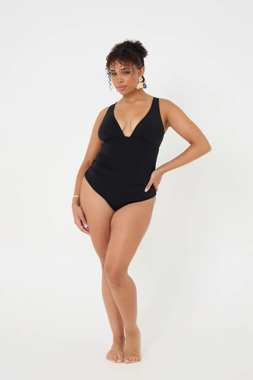 Plunging V-Neckline Smooth Black Swimsuit - Image 11